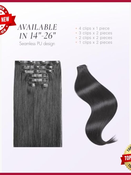 Seamless Clip-In Human Hair Extensions, 20 Inch Yaki Straight, 2 Pack main image 7